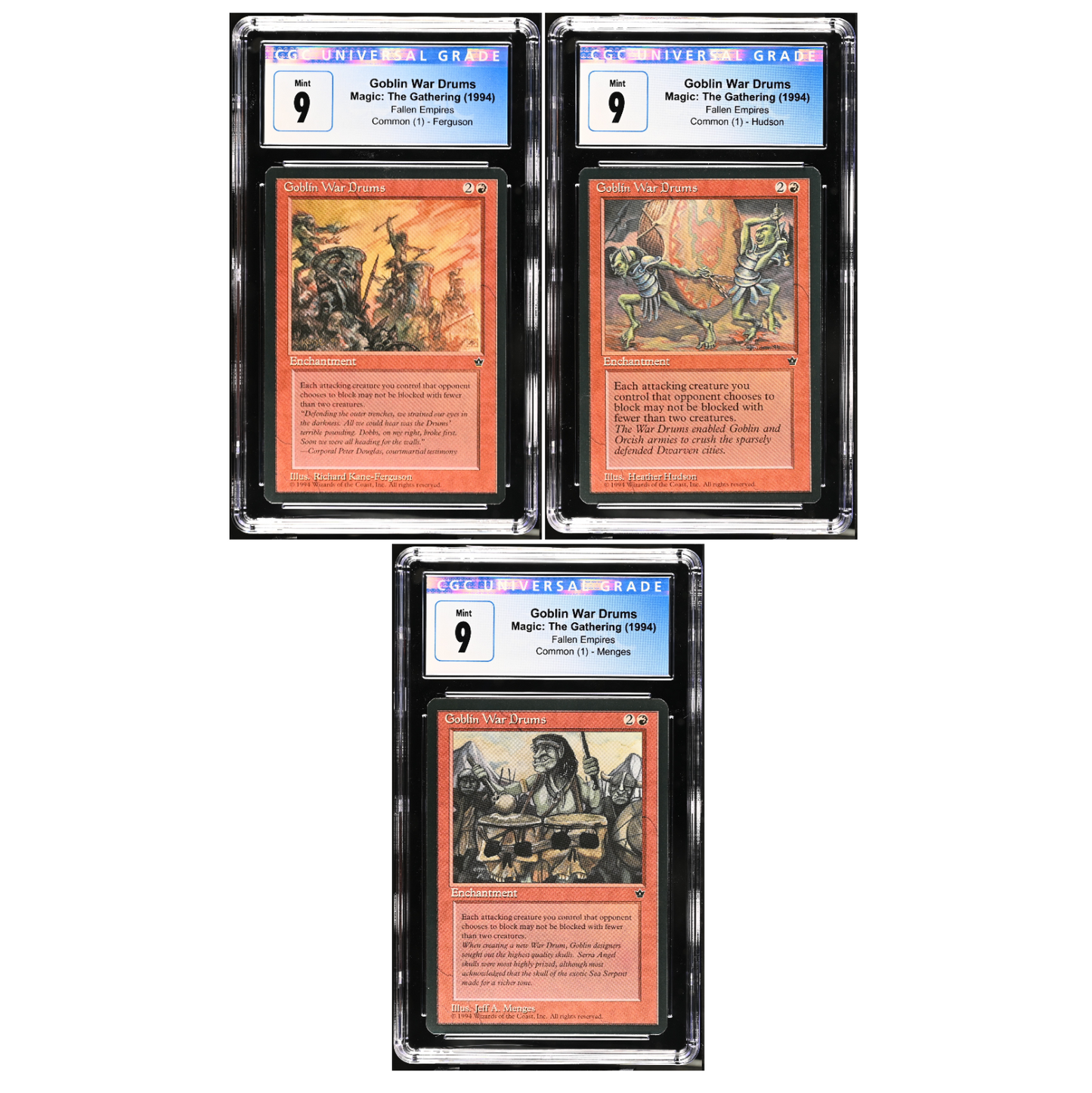 Set of 3 1994 Magic the Gathering MTG Fallen Empires Goblin War Drums CGC 9 Mint