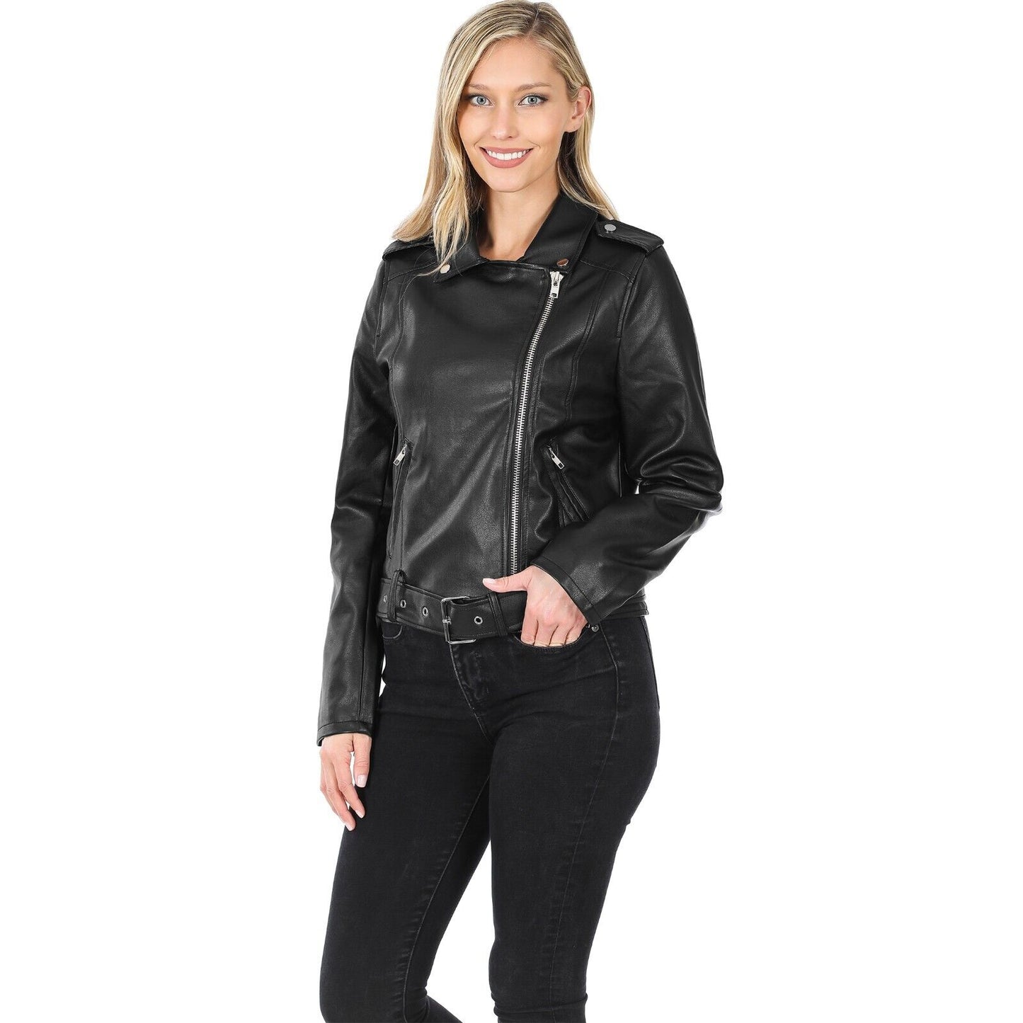 Faux Vegan Leather Belted Moto Jacket