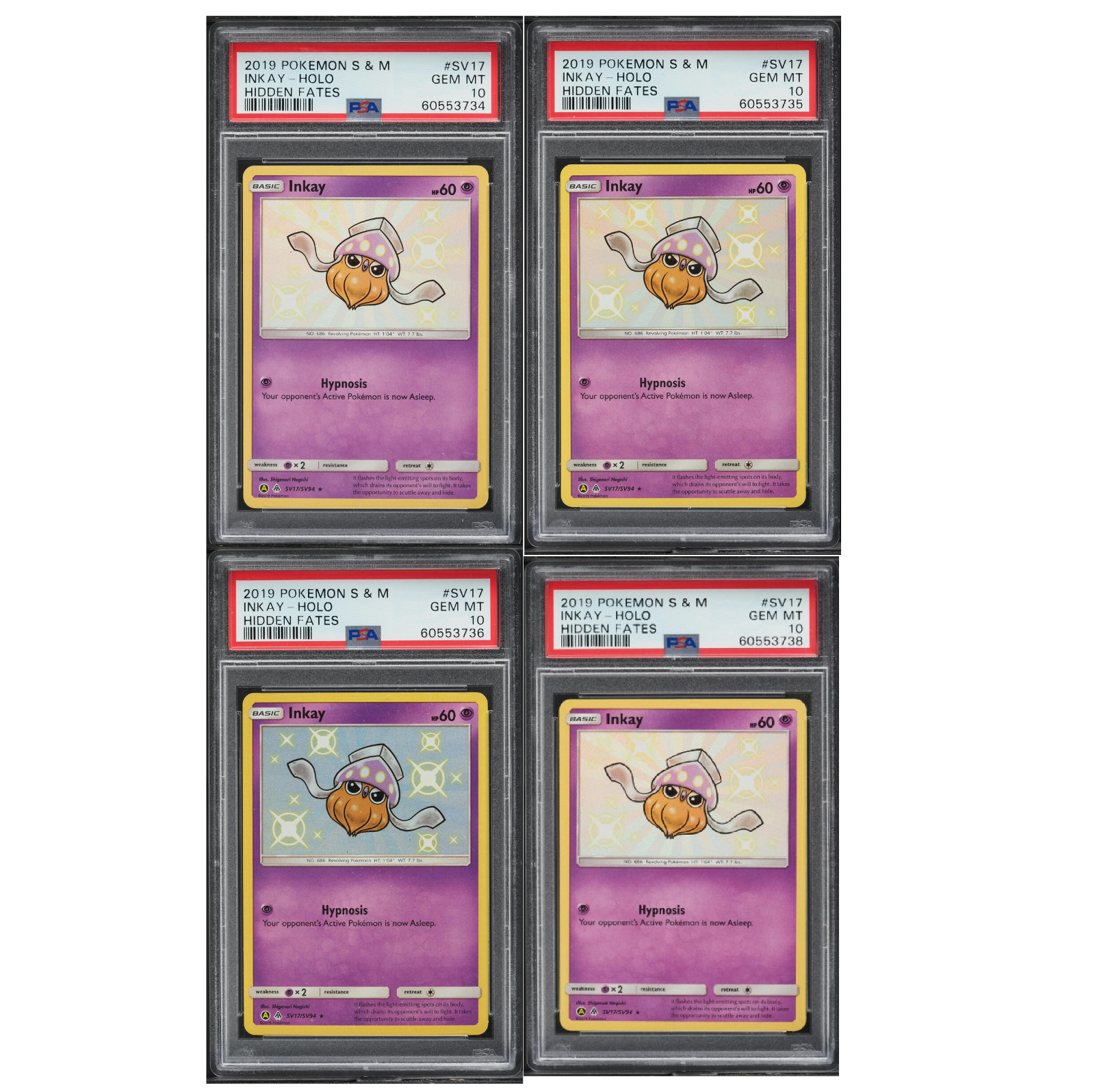 2019 POKEMON SUN & MOON HIDDEN FATES #SV17 INKAY PSA 10 HOLO 4 SEQUENTIAL CARDS