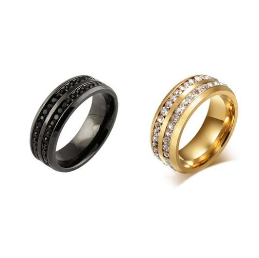 Stainless Steel Crystal Dual Two Row Ring Fashion Round Stainless Steel Band