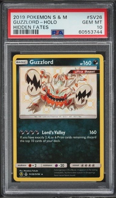 2019 POKEMON SUN & MOON HIDDEN FATES #SV26 GUZZLORD HOLO PSA 10