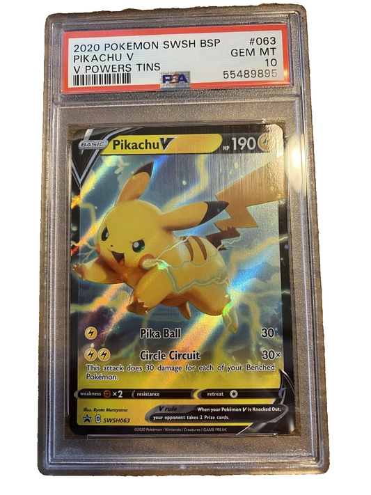 Pikachu V Pokemon 2020 SWSH063 Black Star Promo V Powers Tins - PSA 10 GEM MT