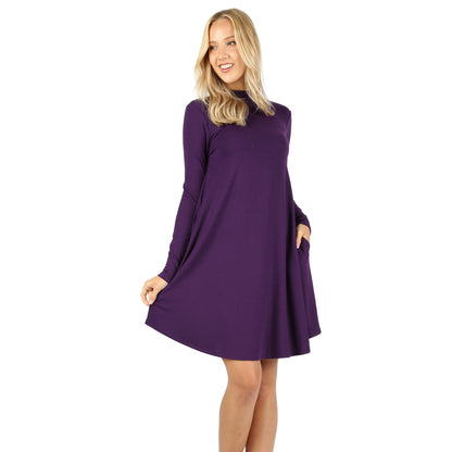 Mock Neck Long Sleeve Dress with Pockets