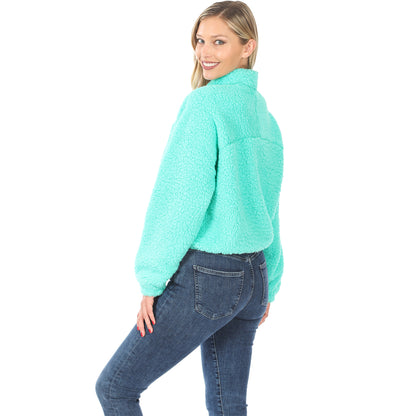 Soft Sherpa Drawstring Hem Half Zip Pullover