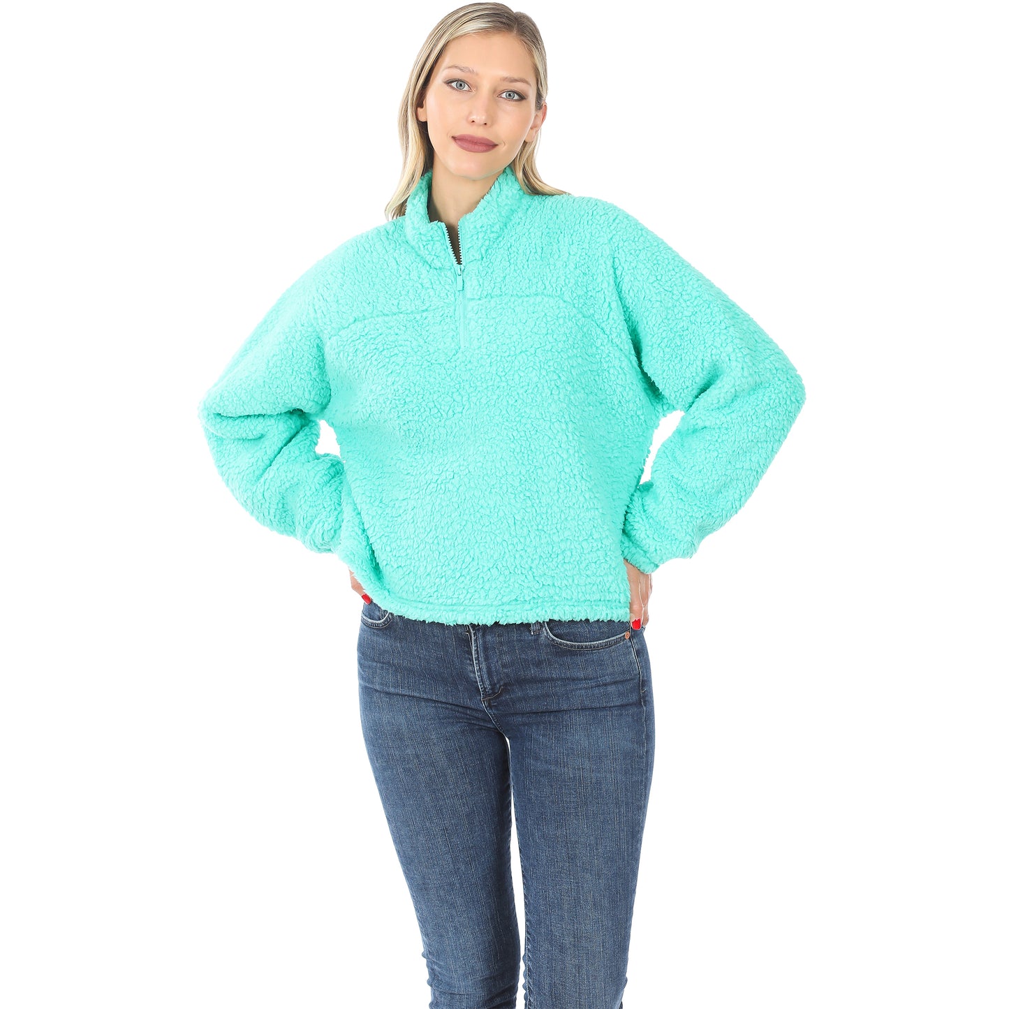 Soft Sherpa Drawstring Hem Half Zip Pullover