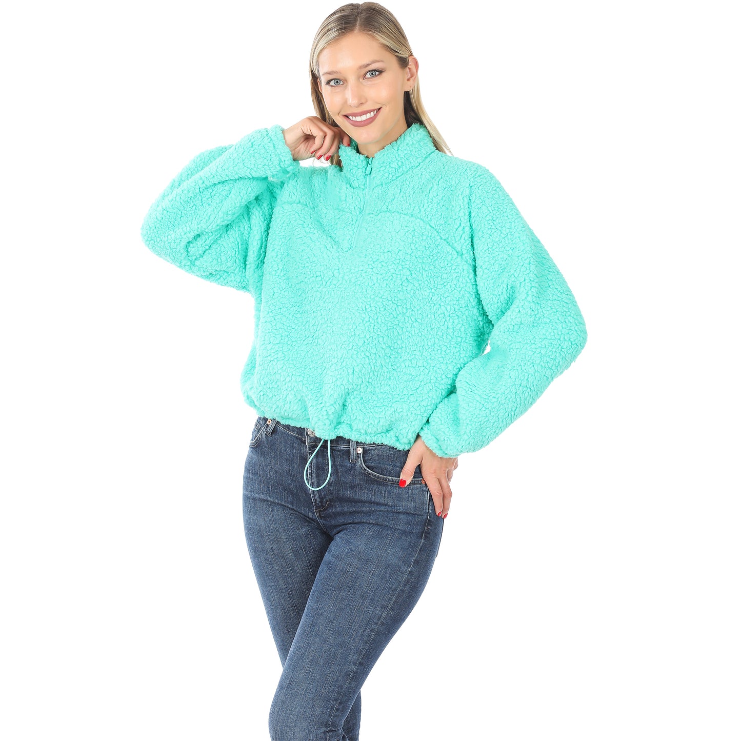 Soft Sherpa Drawstring Hem Half Zip Pullover