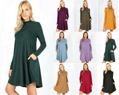 Mock Neck Long Sleeve Dress with Pockets