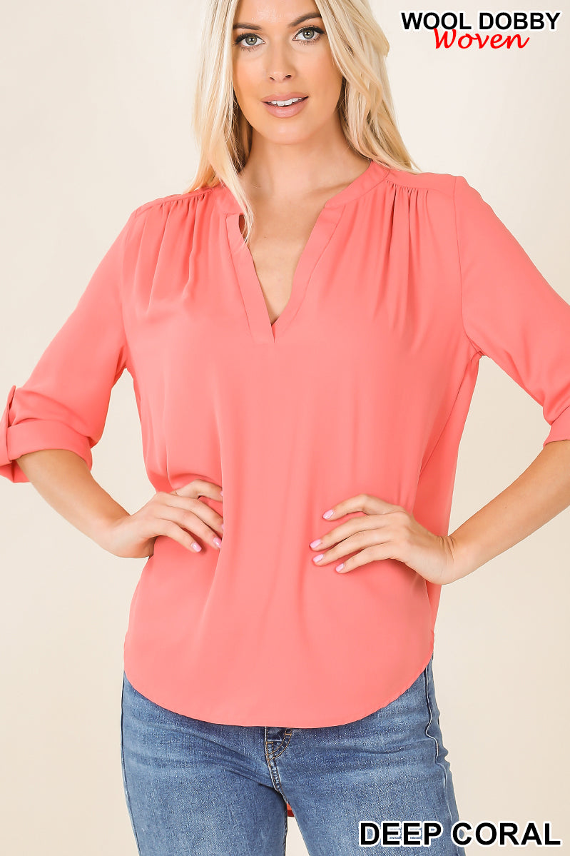 Wool Dobby Henley Blouse with Gold Button Sleeves