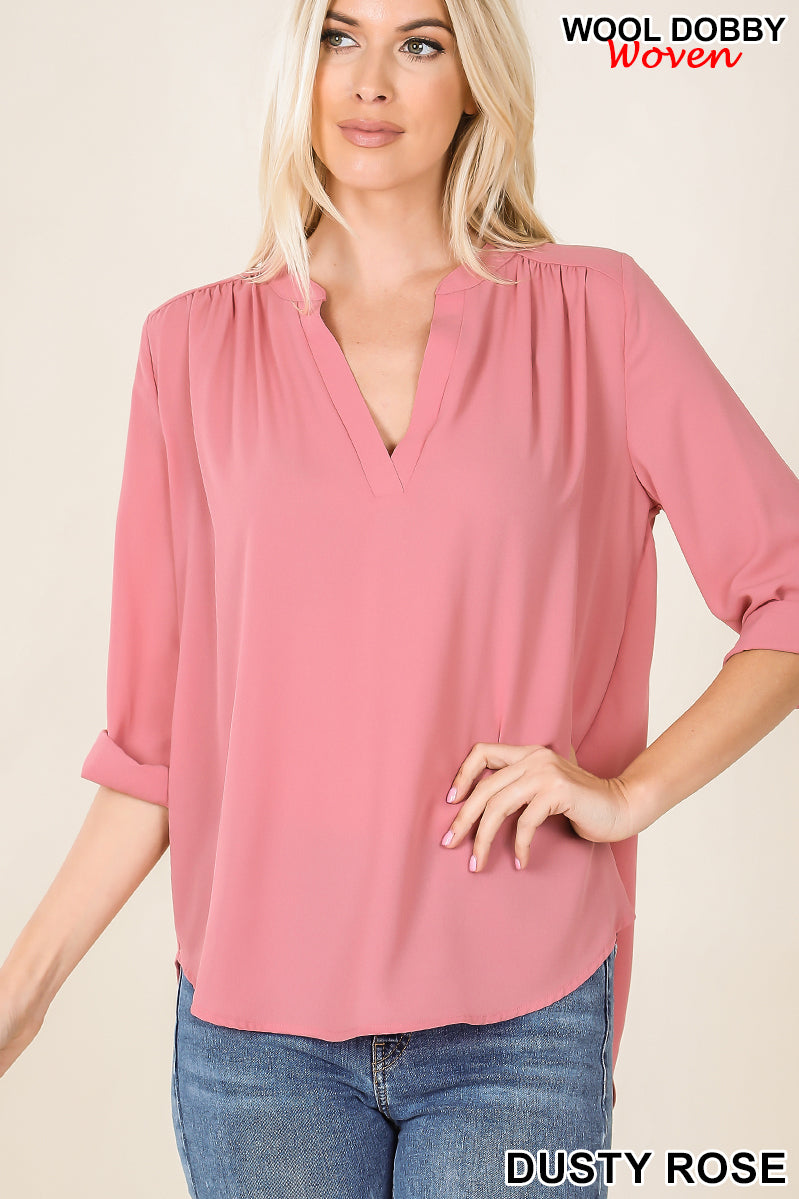 Wool Dobby Henley Blouse with Gold Button Sleeves