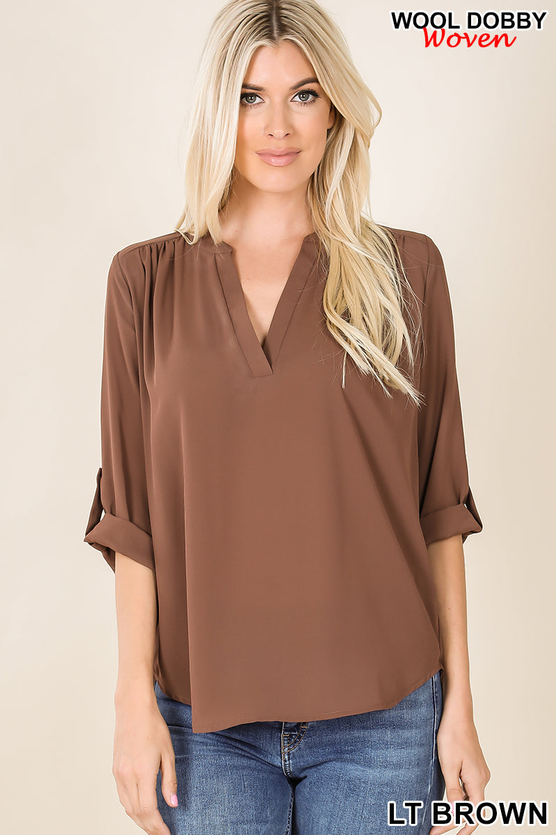 Wool Dobby Henley Blouse with Gold Button Sleeves