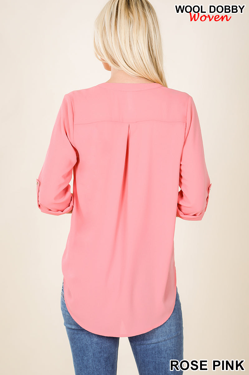 Wool Dobby Henley Blouse with Gold Button Sleeves