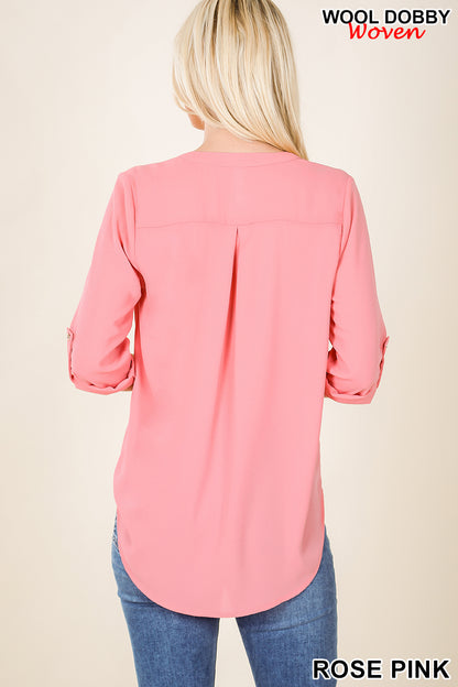 Wool Dobby Henley Blouse with Gold Button Sleeves