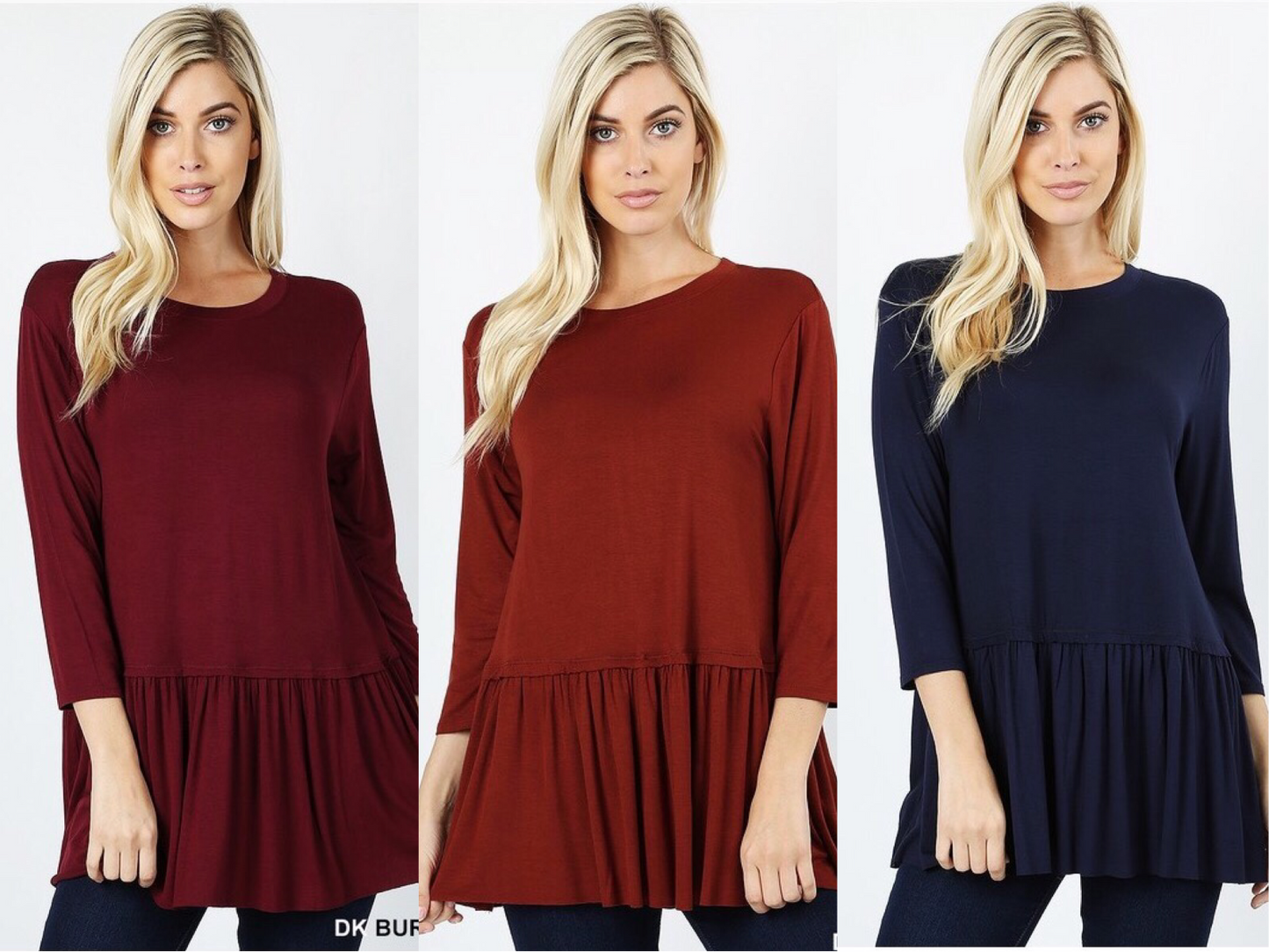 Premium Ruffle Bottom 3/4 Sleeve Top