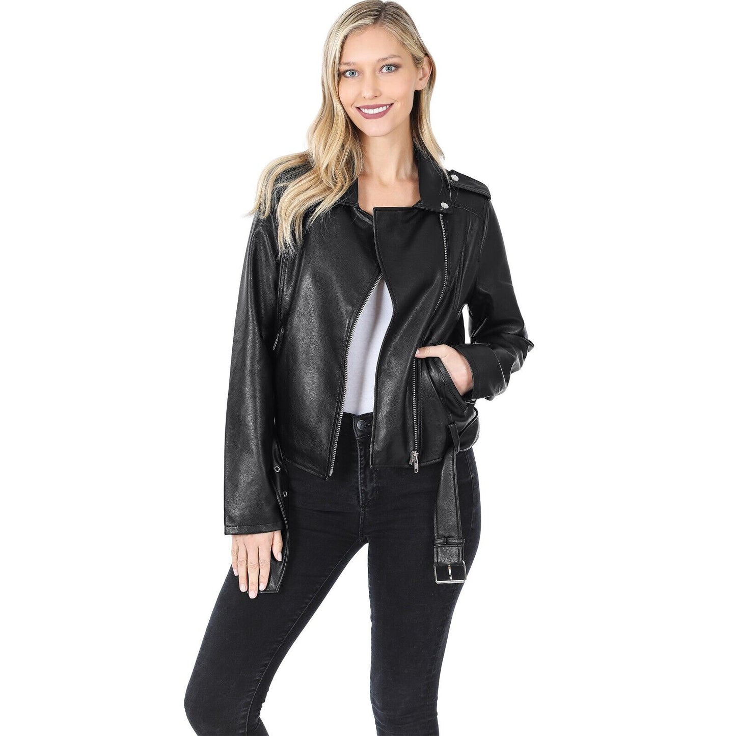 Faux Vegan Leather Belted Moto Jacket