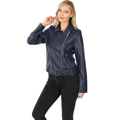 Faux Vegan Leather Belted Moto Jacket