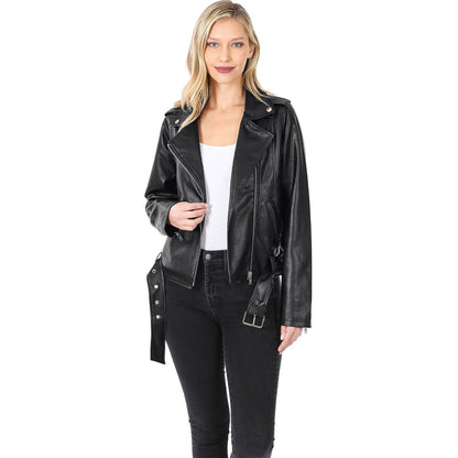 Faux Vegan Leather Belted Moto Jacket