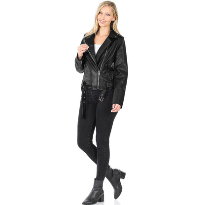 Faux Vegan Leather Belted Moto Jacket