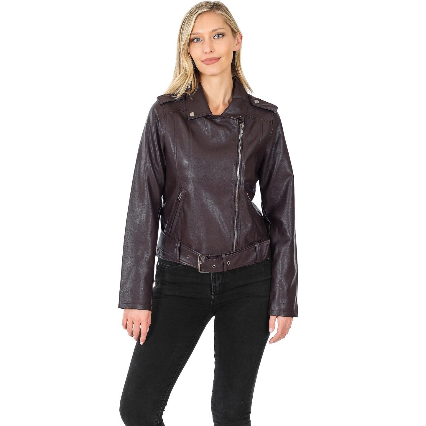 Faux Vegan Leather Belted Moto Jacket