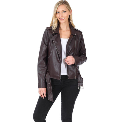 Faux Vegan Leather Belted Moto Jacket