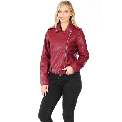 Faux Vegan Leather Belted Moto Jacket